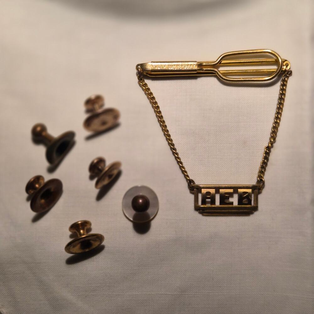 Vintage Swank Monogram Tie Chain & Milligan Collar Studs‎ Gold Tone Lot